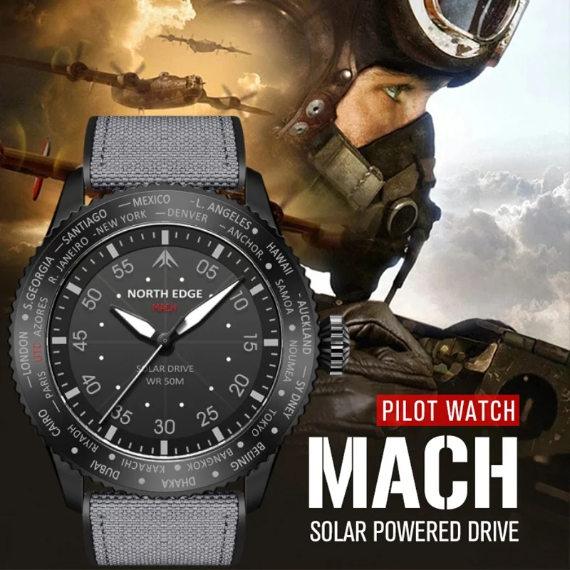 Solar Powered Watch - NORTH EDGE MACH Zonne-energie Pilot Series